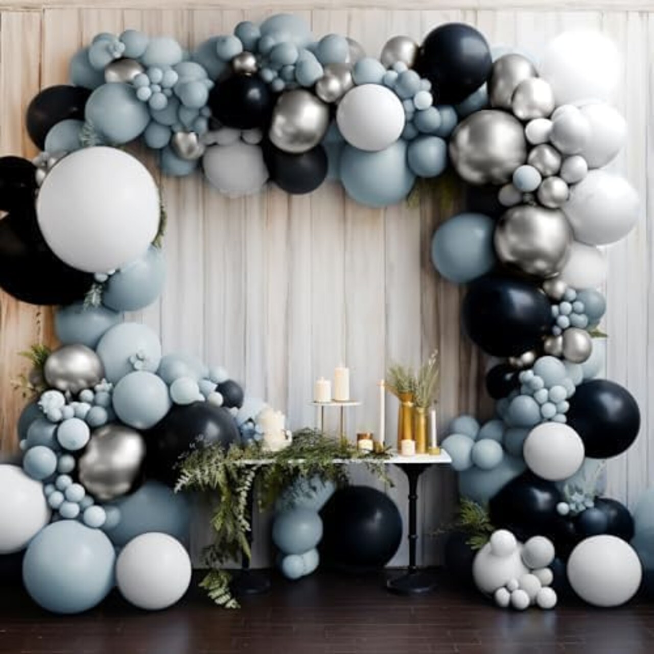 Blue Black Balloon Garland - Double Stuffed Pearl White Dusty Blue Balloons Black Silver Balloon Arch for Graduation Birthday Anniversary Baby Shower Wedding Party Decorations